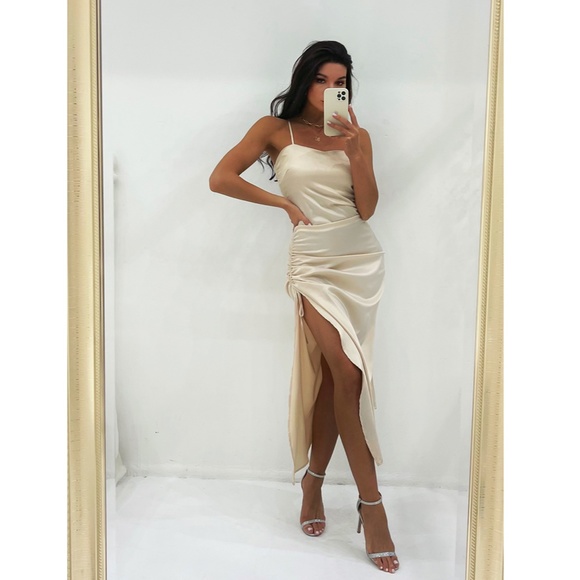 Satin Champagne High Slit Midi Dress - Picture 3 of 9